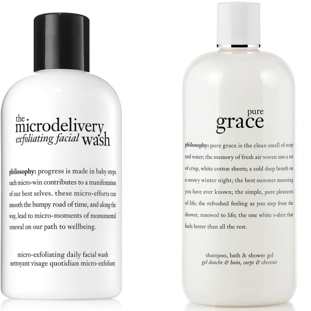 Two large bottles on Philosophy brand washes