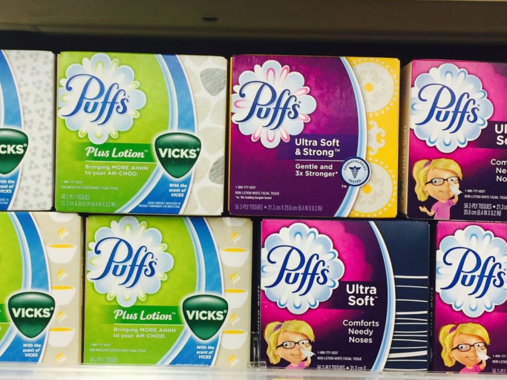 puffs with vicks and puffs ultra soft boxes on store shelf