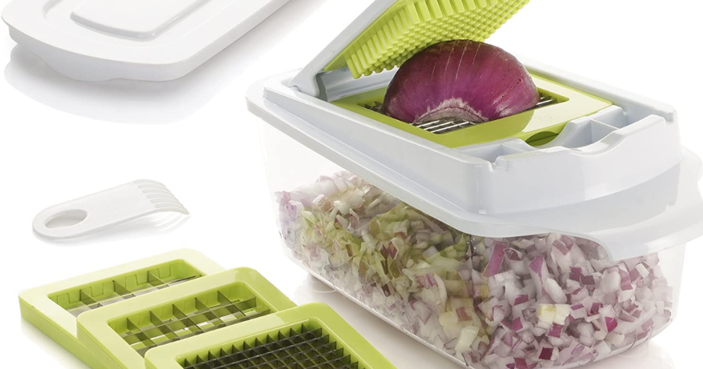 Chopping onions with QuickPush food chopper on counter