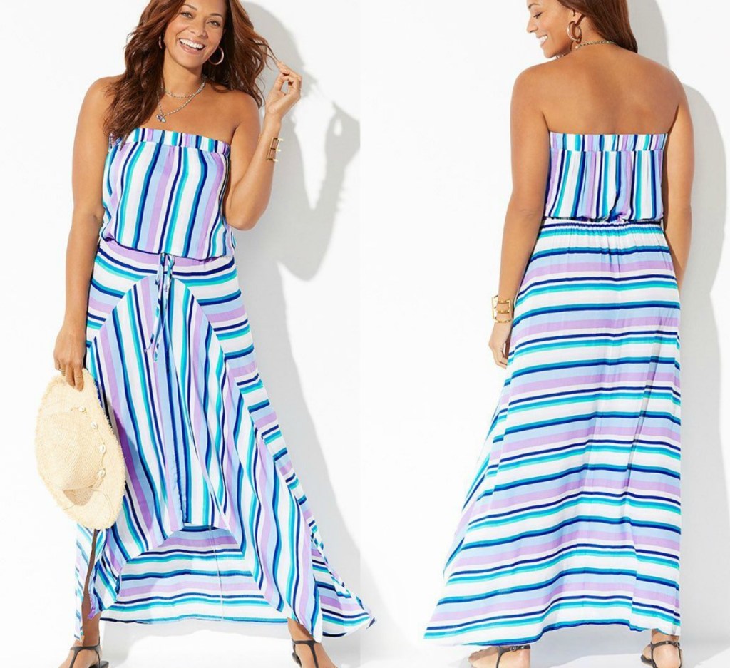 Woman wearing striped beach dress - front and back view