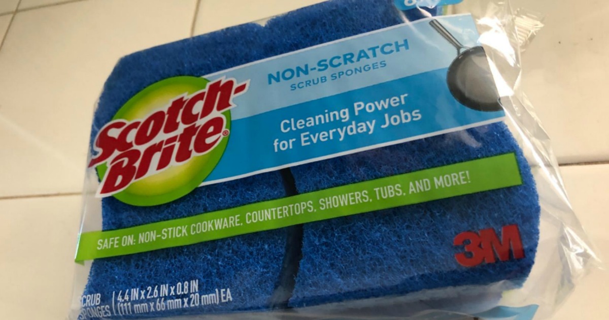 Scotch-Brite scrub sponges package on counter 