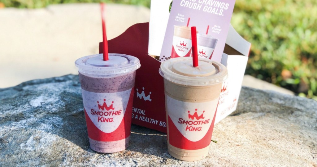 two Smoothie King Smoothies on a rock for national smoothie day