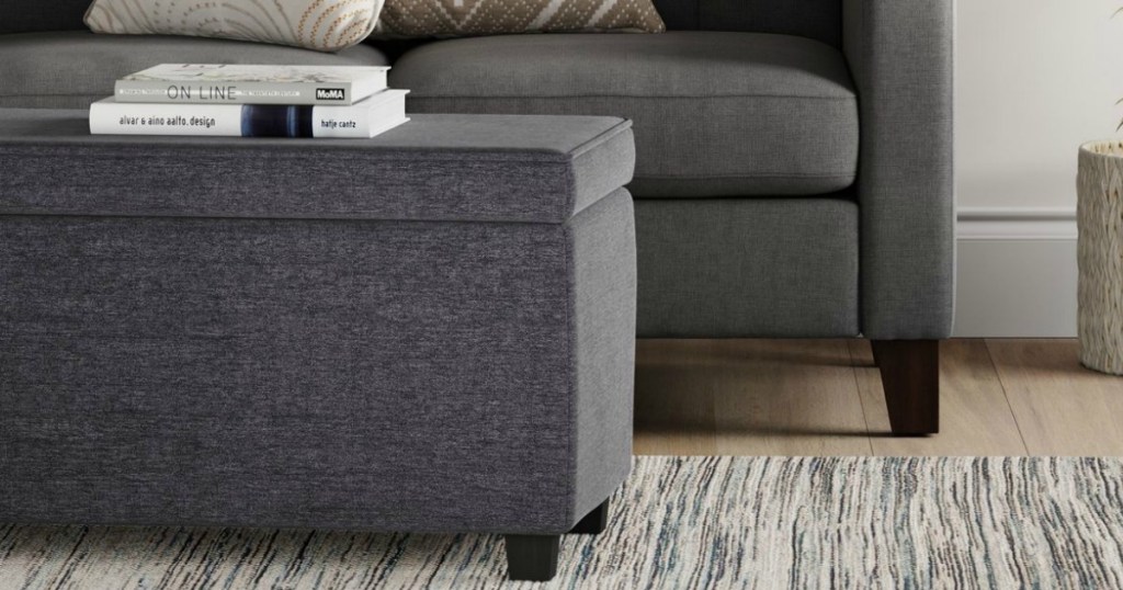 storage ottoman in front of couch