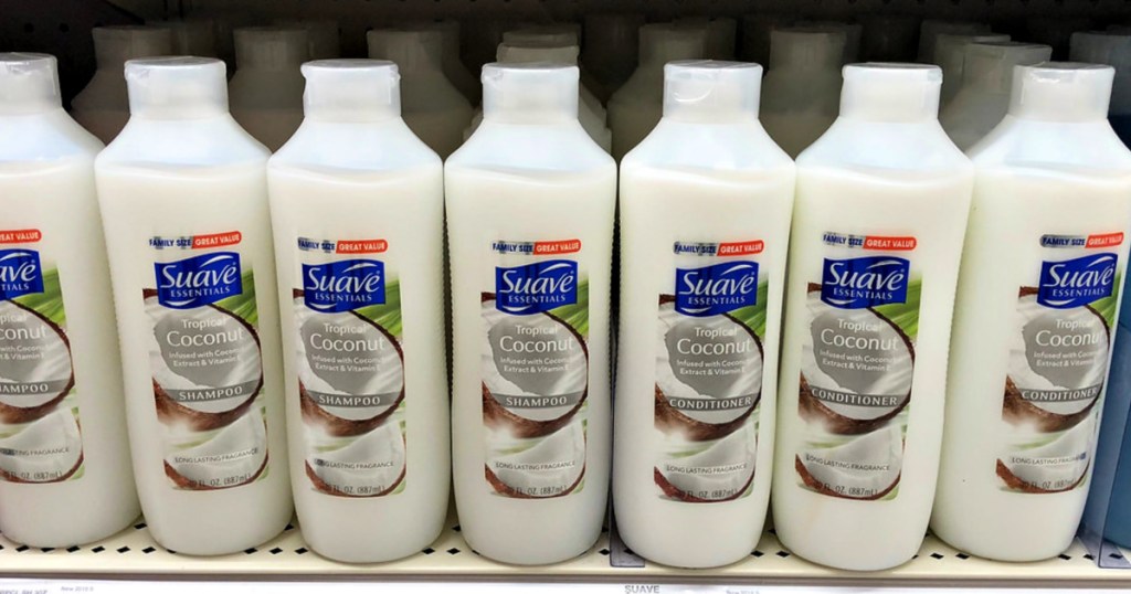 Suave Essentials Tropical Coconut Shampoo bottles on store shelf