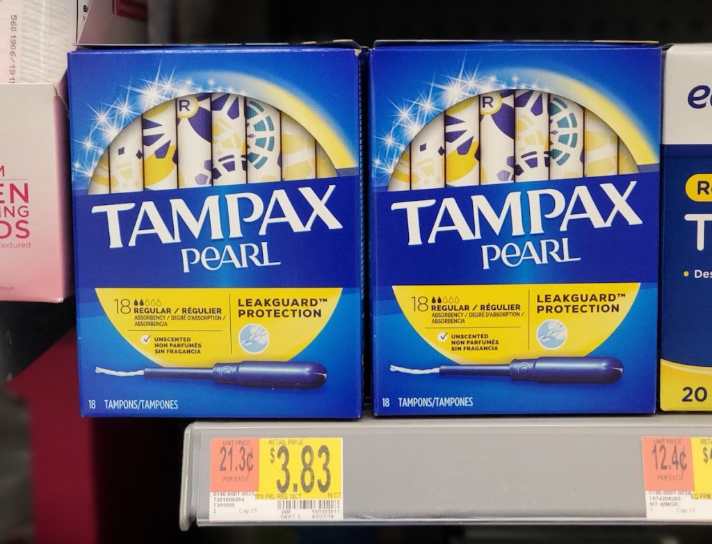 Tampax Pearl Tampons on shelf at Walmart
