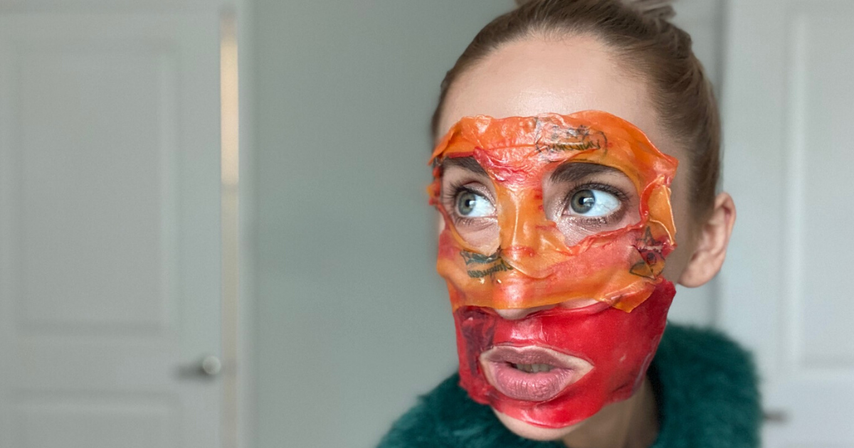 Woman with a Fruit Roll-Up mask on face