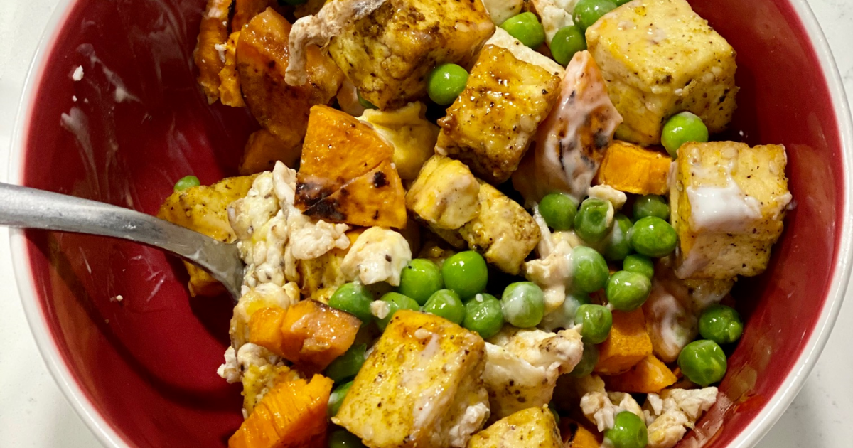 Sweet potatoes, peas, egg whites, and tofu in a bowl on kitchen counter is one of the easiest pantry meals