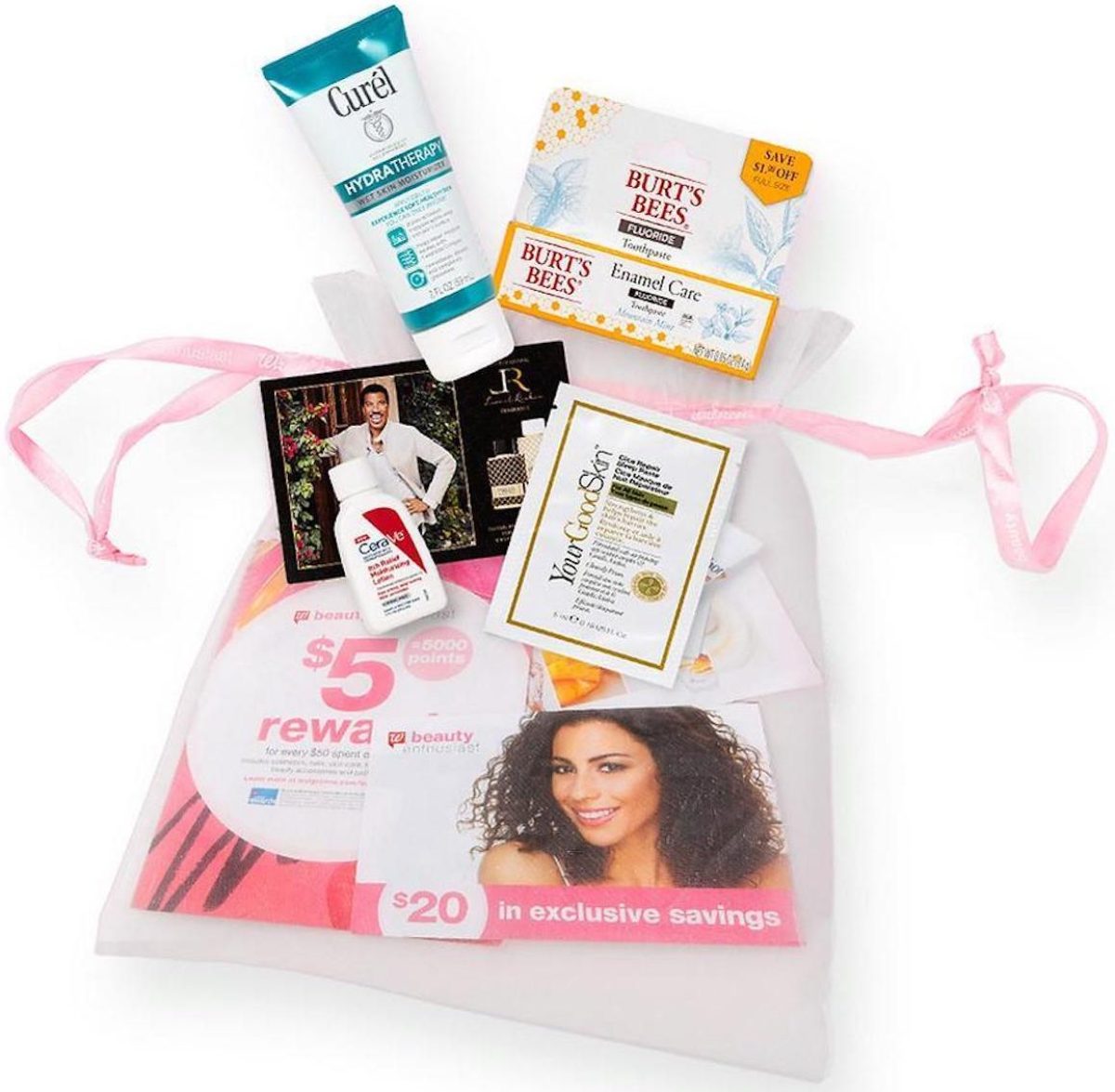 Walgreens beauty sample gift set with curel lotion, burt's bee's enamel care, and more