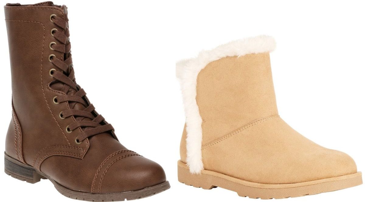two right foot womens boots one with faux leather and laces and the other are faux fur lined 