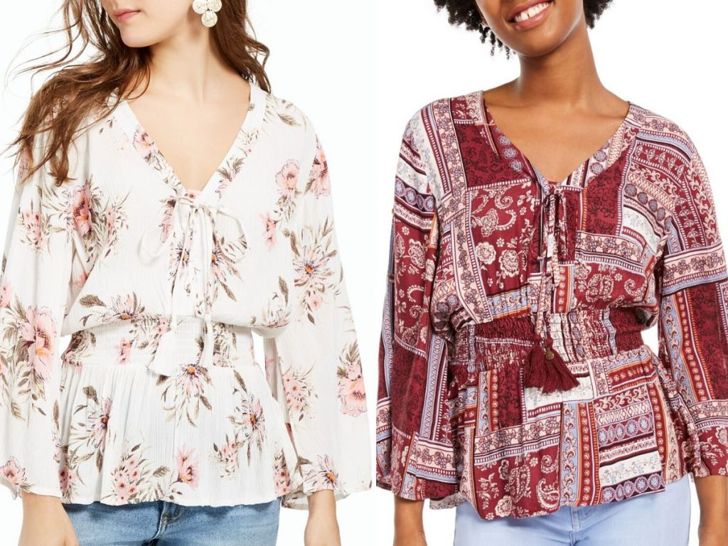 two juniors torsos wearing hippie style bohemian tops with bell sleeves and ruching in middle 