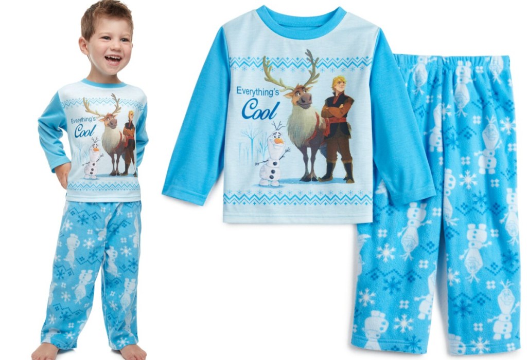 toddler boy wearing frozen pajamas and close up of frozen pajamas