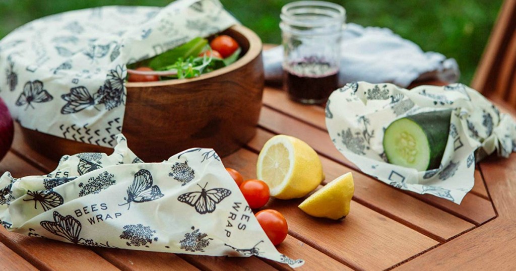 Beeswax wraps covering veggies on table 