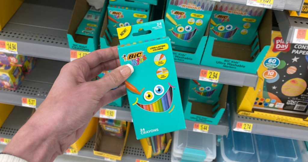 hand holding new BIC kids crayons 24-pack in store 