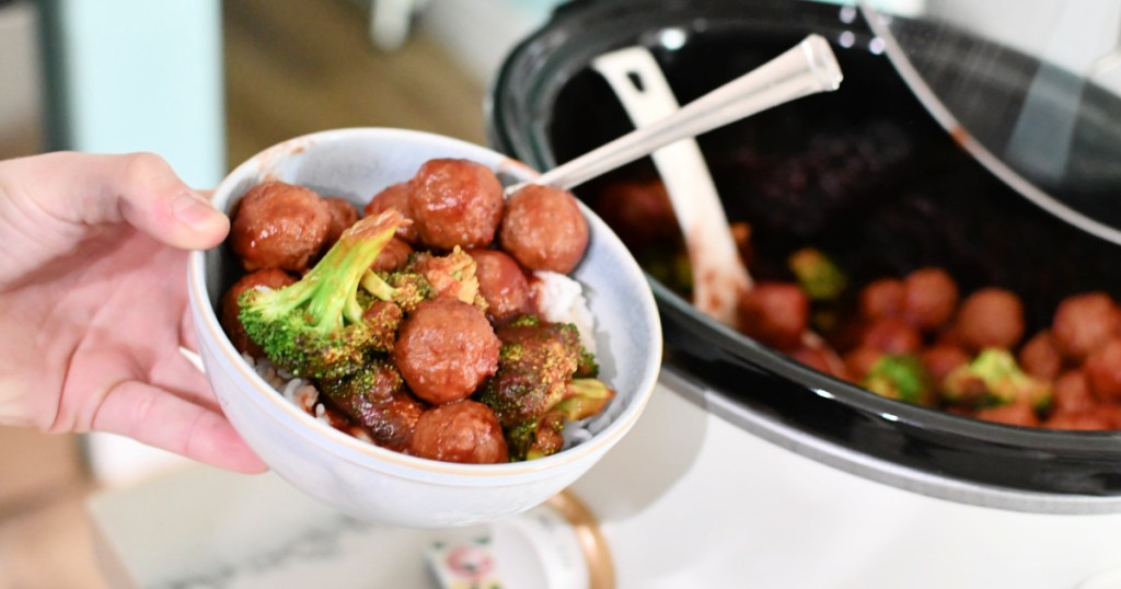 bowl of cranberry meatballs with rice