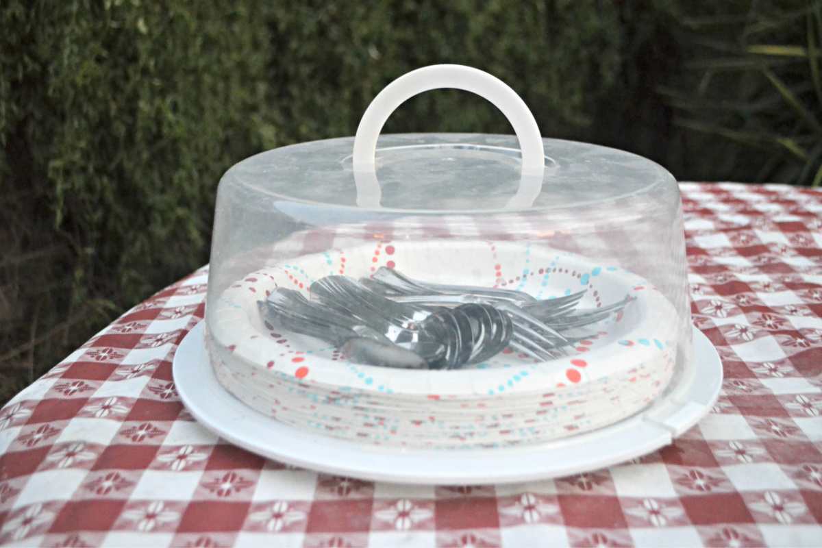 plates and utensils inside cake carrier on red and white table mat camping ideas