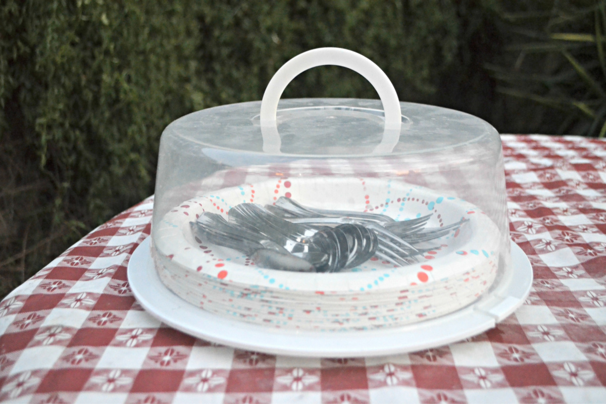 plates and utensils inside cake carrier on red and white table mat