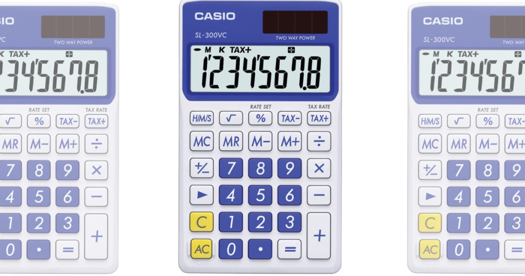 blue casio calculator with numbers displayed on screen