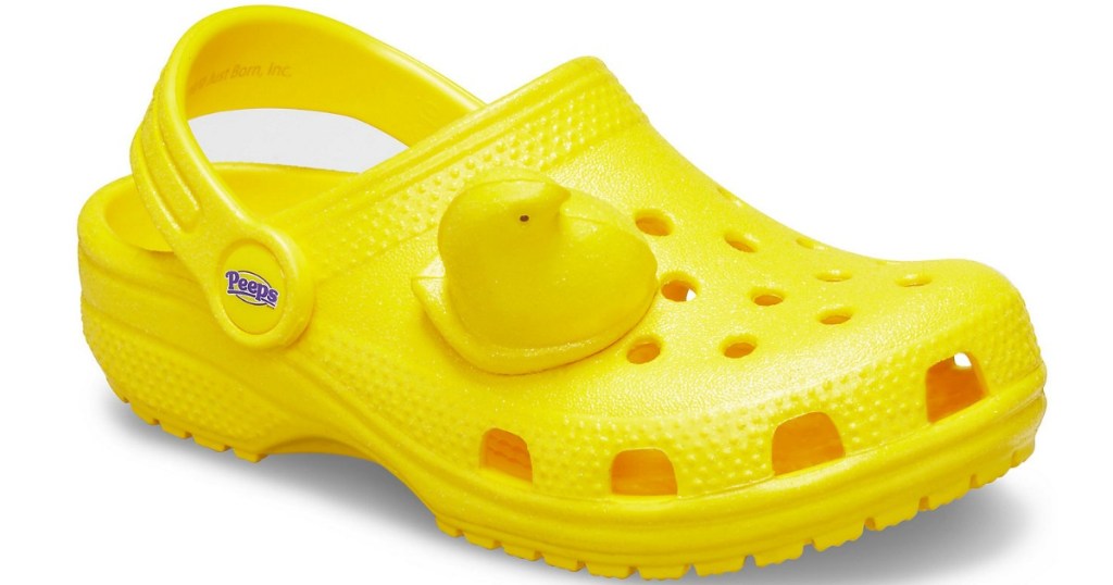 yellow crocs shoe with easter peep on it