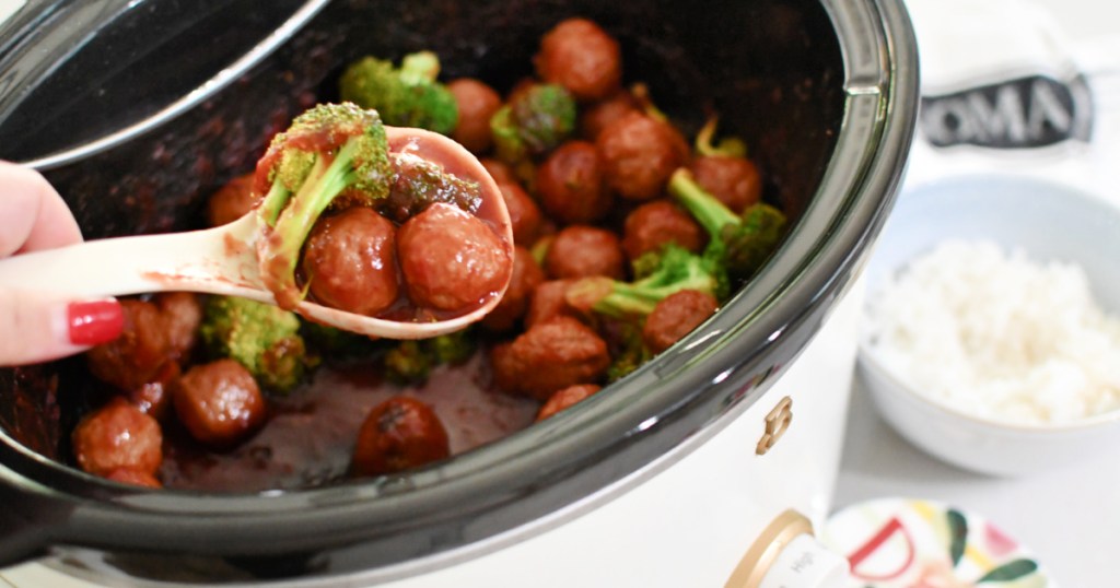 easy slow cooker meatballs on a spoon