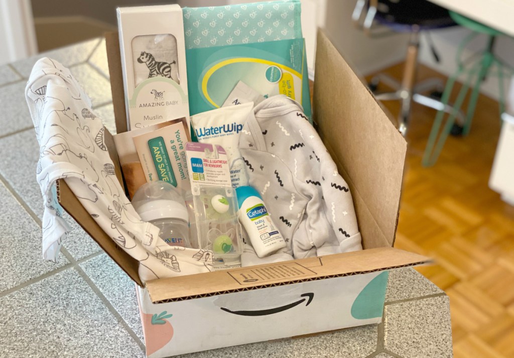 baby items in an amazon welcome box, one of the best Amazon Prime membership benefits