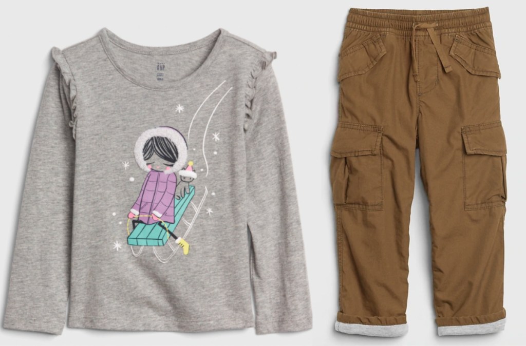 girls gray graphic sweatshirt and boys brown cargo pants