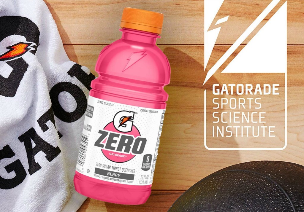 Gatorade Zero Bottle in Berry flavor laying on a table 