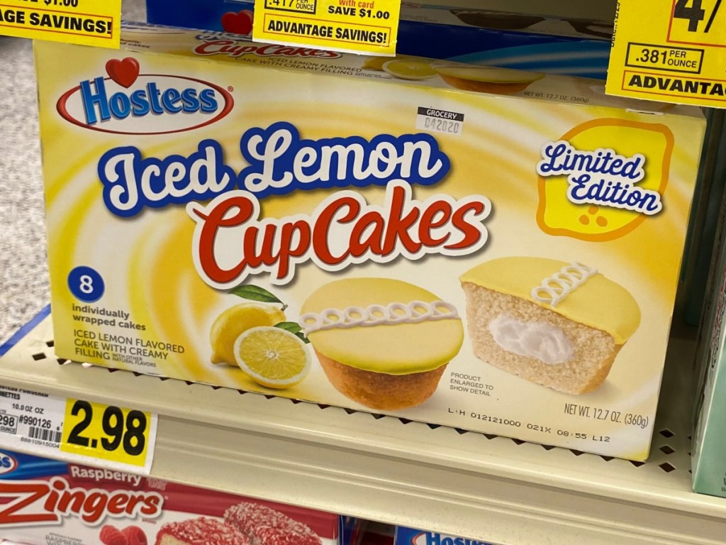 Hostess Iced lemon cupcakes on grocery store shelf