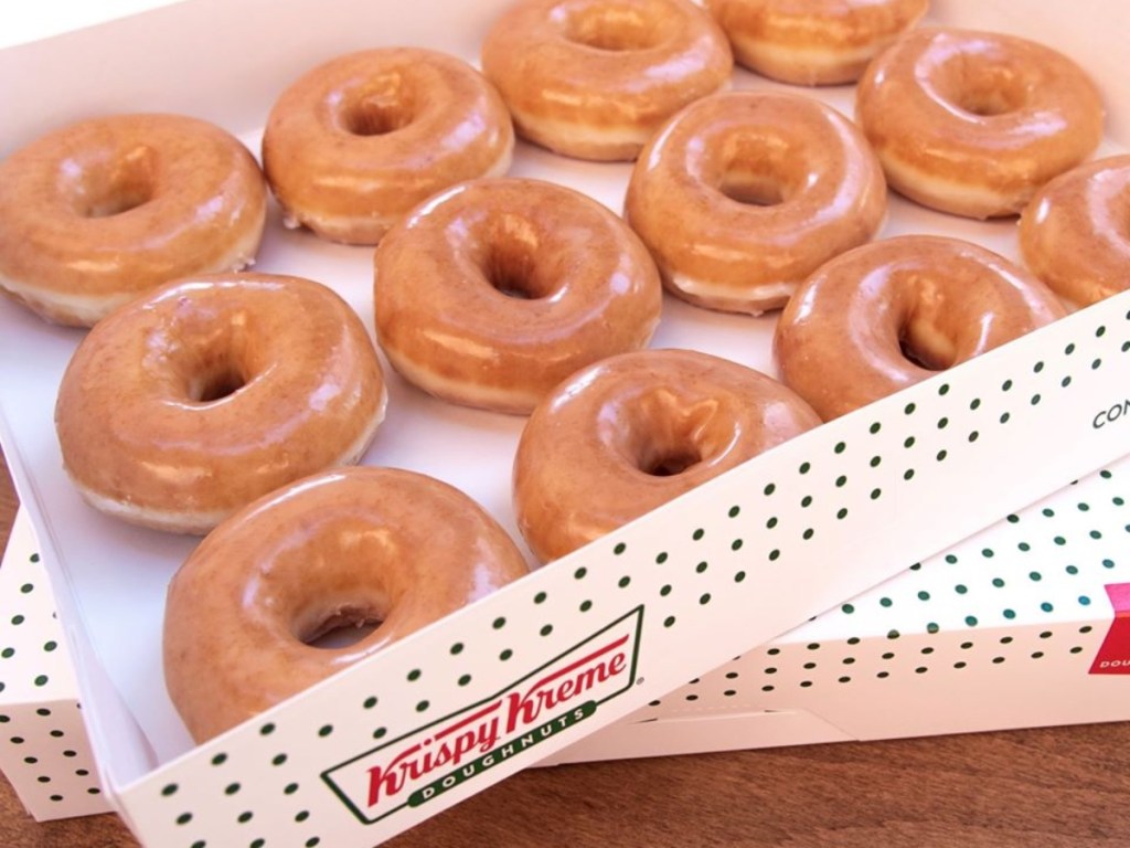 dozen Krispy Kreme original glazed doughnuts in a box