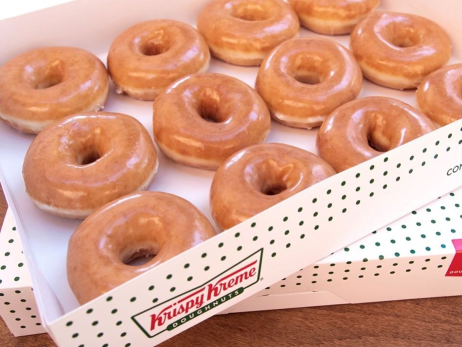 dozen Krispy Kreme original glazed doughnuts in a box