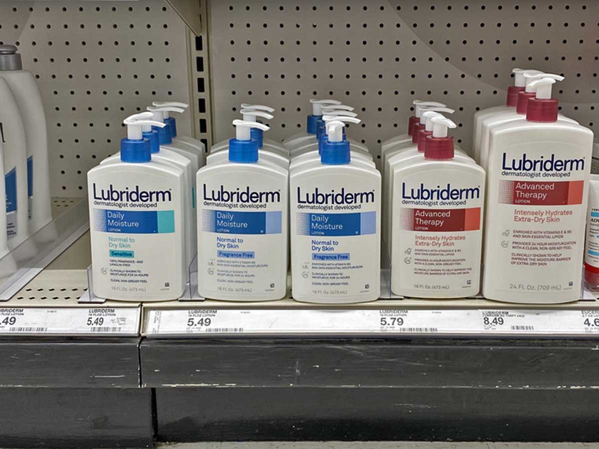 bottles of Lubriderm on a shelf in a store