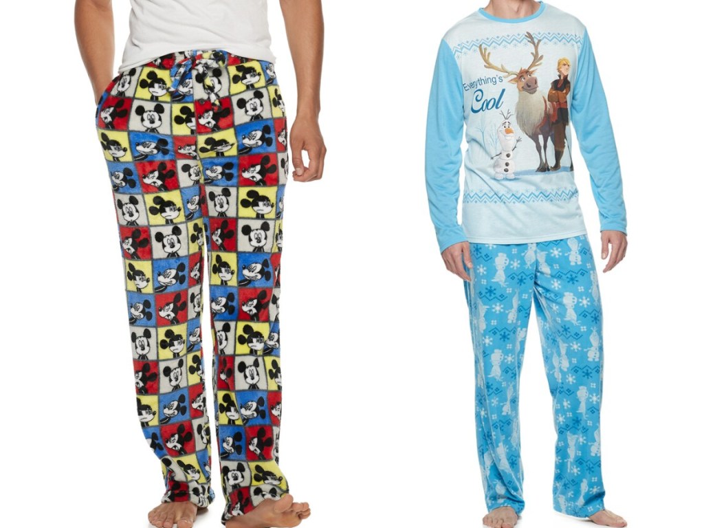 men wearing mickey mouse pajamas and frozen pajamas