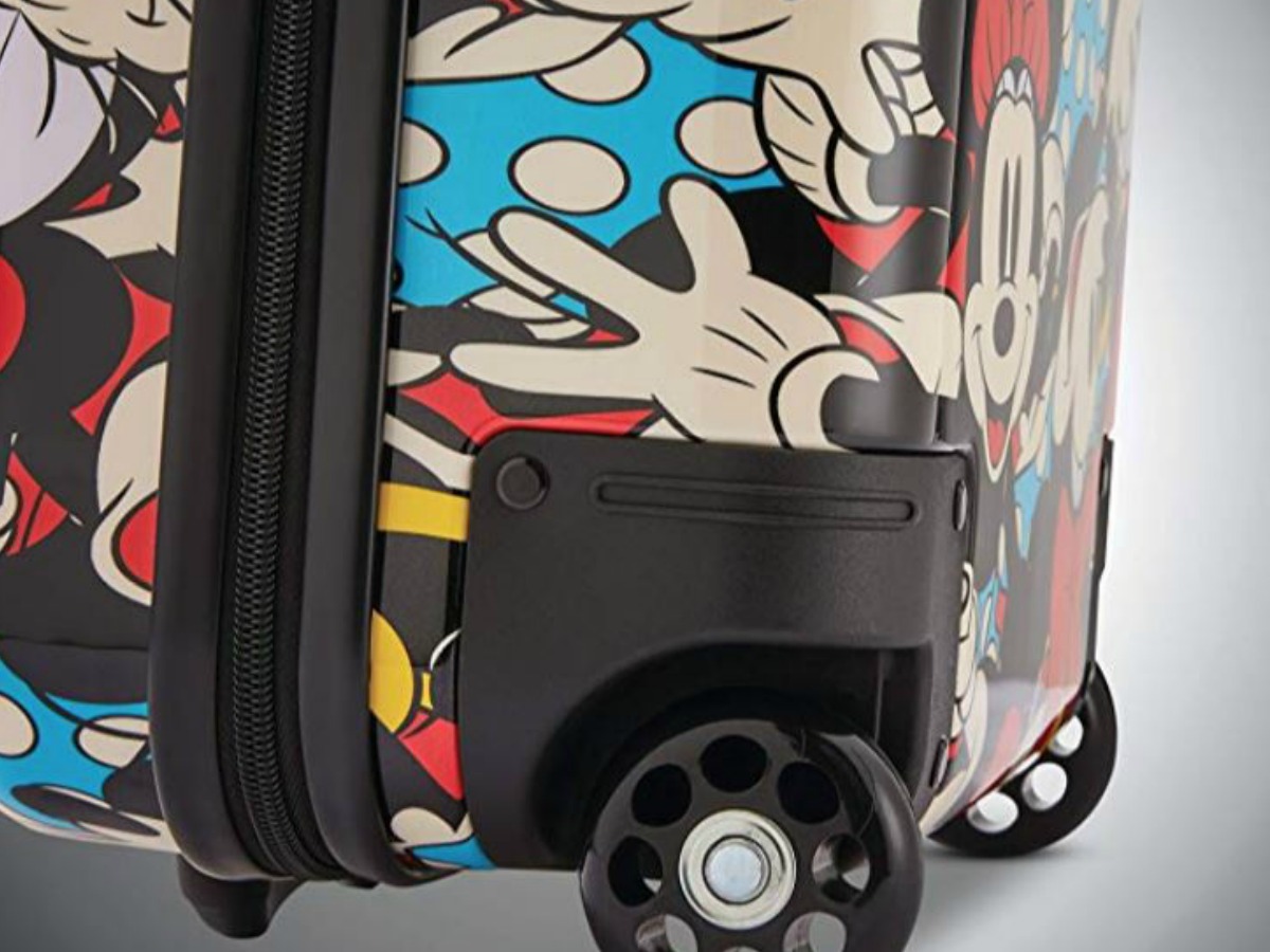 wheels on luggage with mickey mouse on it