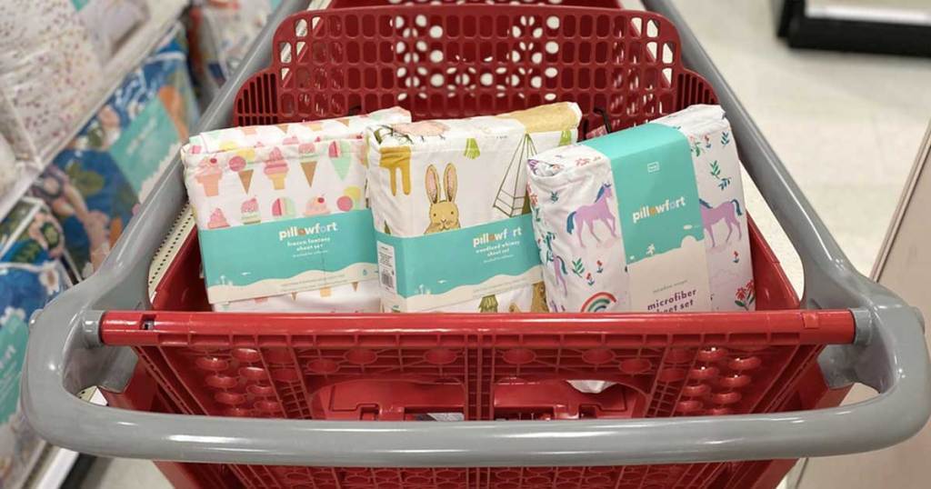 target cart full of pillowfort bedding sheets