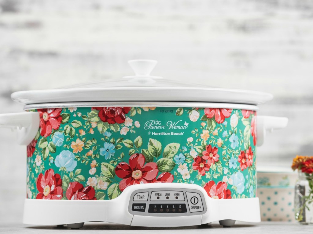 slow cooker in colorful flower pattern on counter