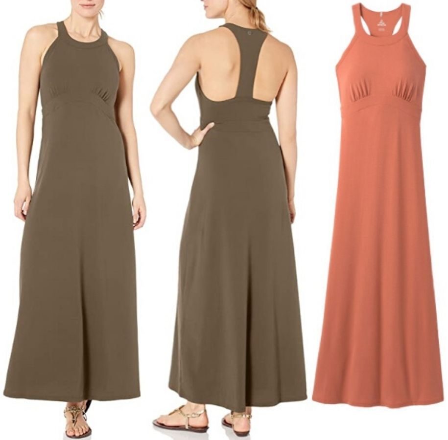 women modeling front and back sides of maxi dress and unworn maxi dress in another color