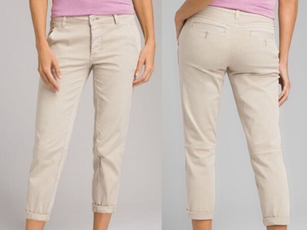 women modeling khaki pants front and back 