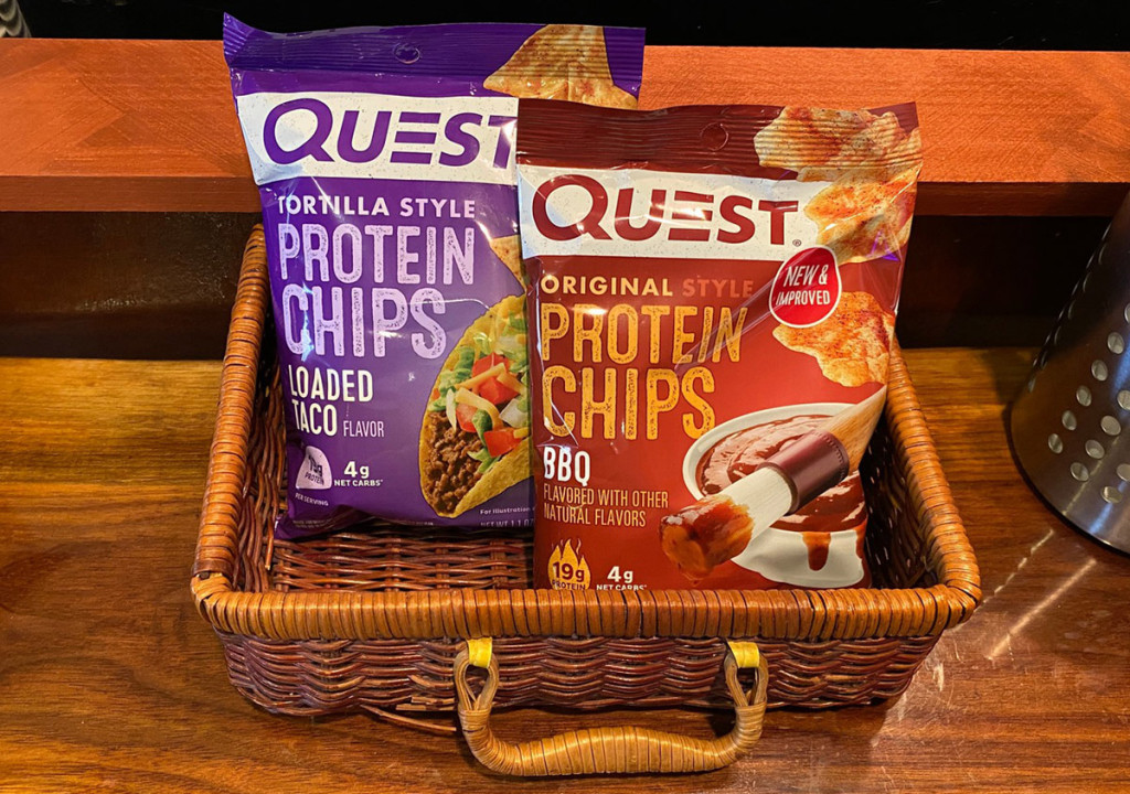 quest protein chips bbq and loaded taco flavor in wicker square basket