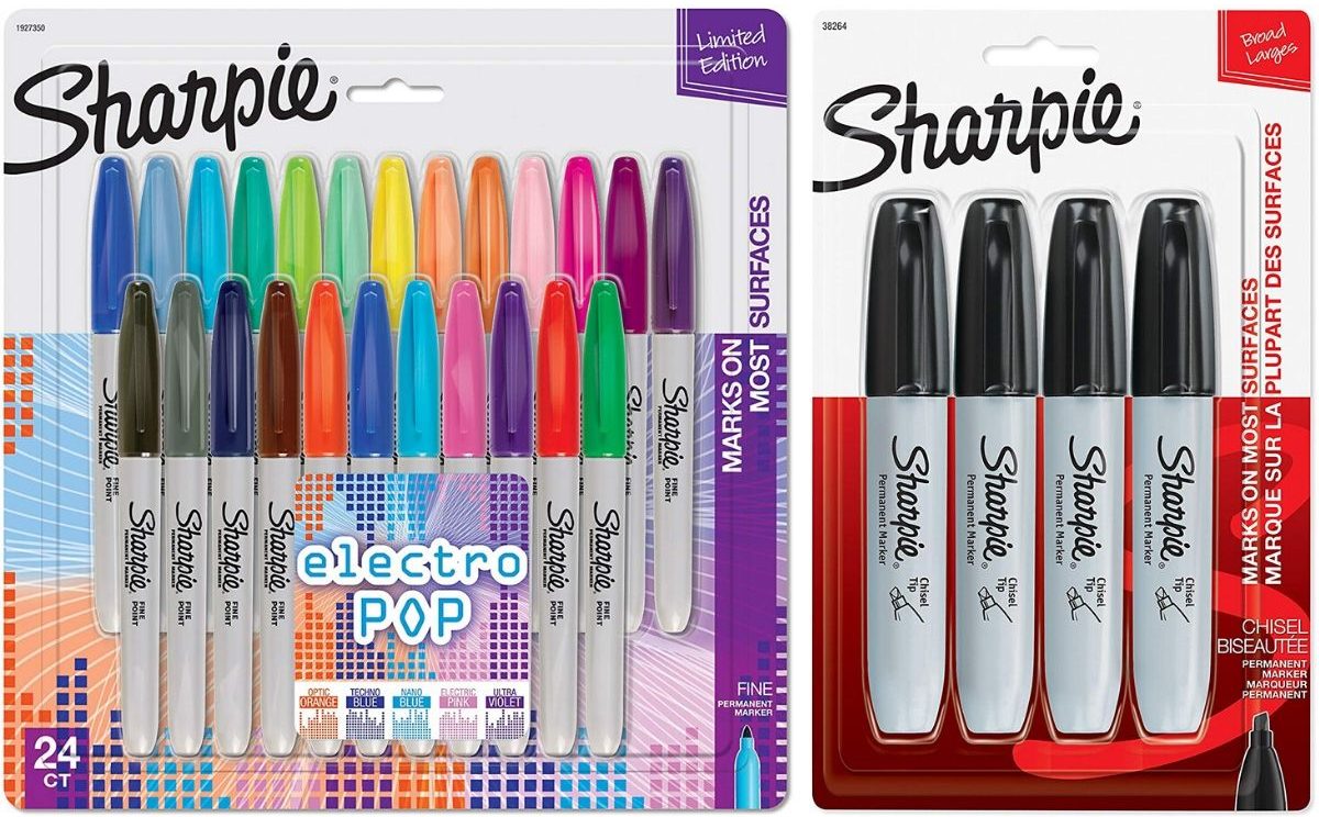 two packages of new sharpie markers, onewith 24 thin markers and one with four thick markers