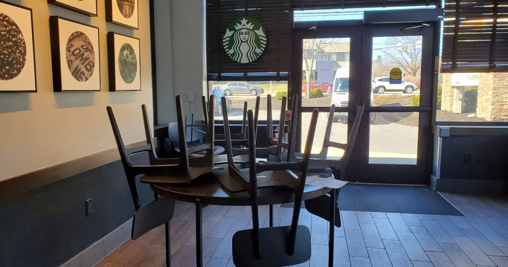 closed Starbucks with chairs stacked