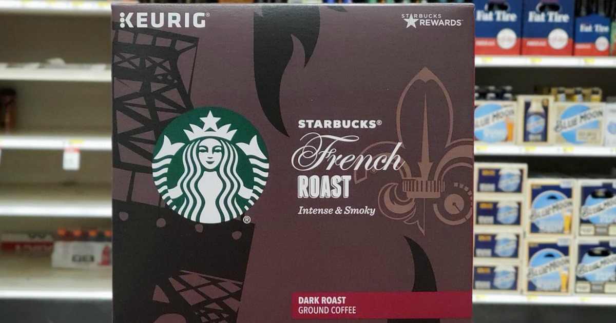 front of starbucks k-cup box packaging in a store