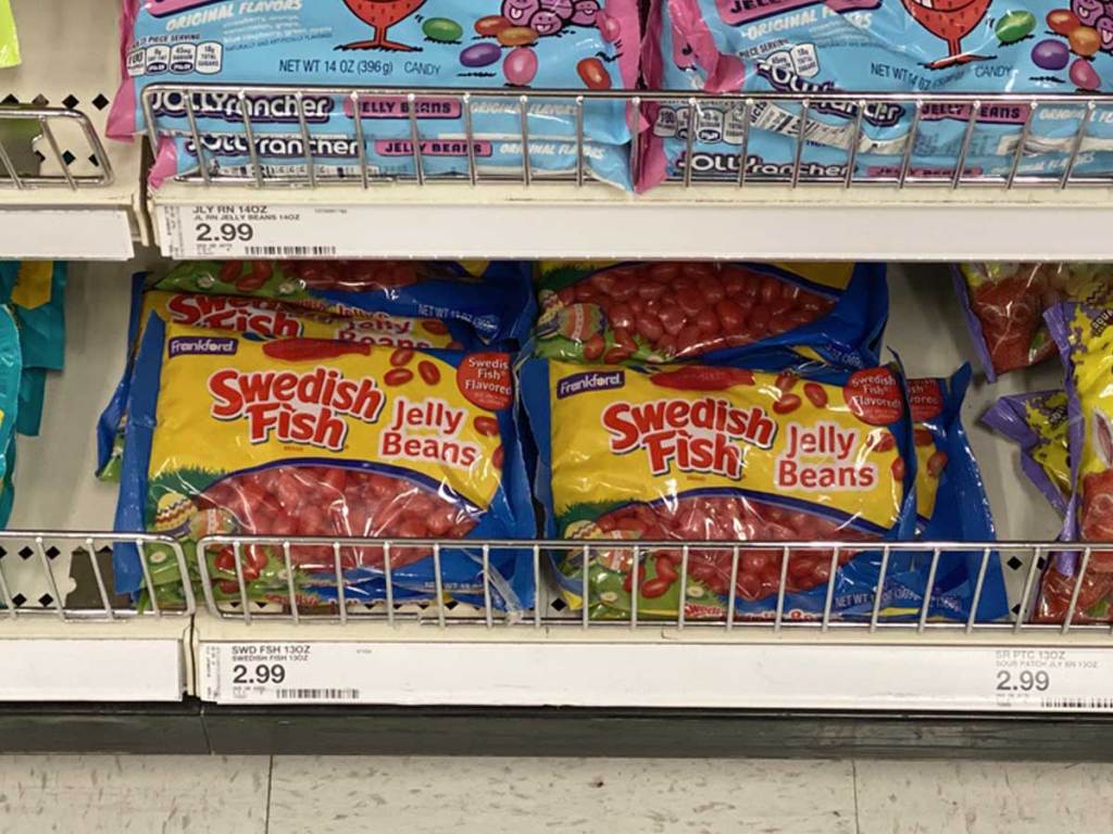 Swedish Fish Jelly Beans on a shelf in a store