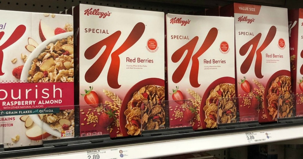boxes of cereal on a store shelf