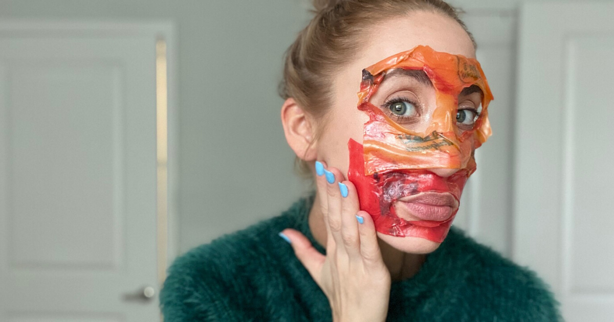 woman wearing fruit peel up mask
