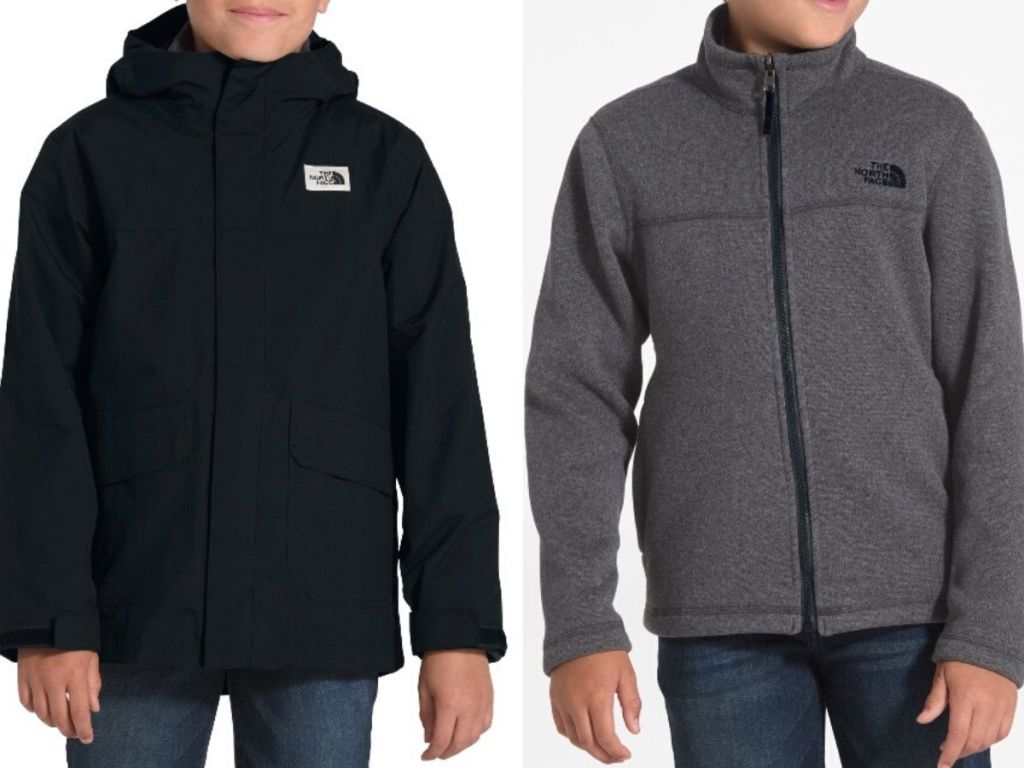 boy wearing 2 piece winter jacket system shown wearing outer shell and inner base layer separately 