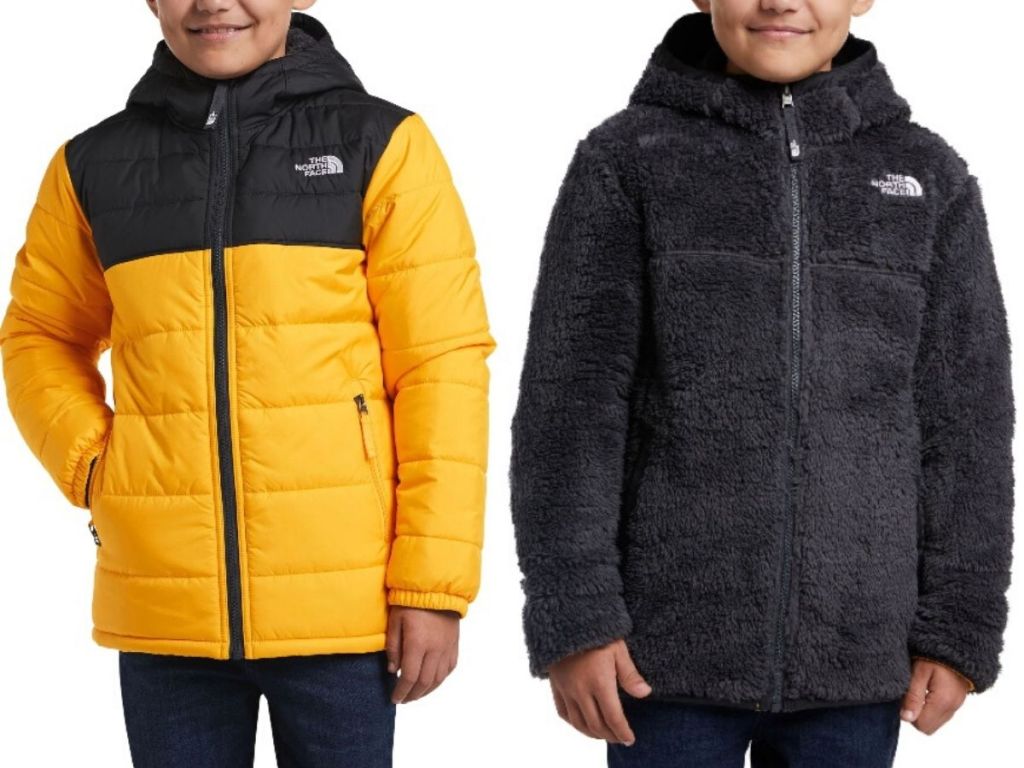 boy wearing reversible winter jacket showing it worn inside and out