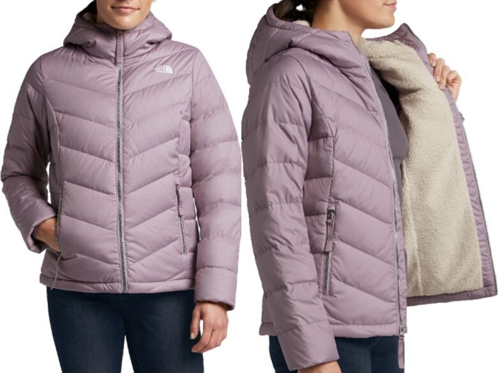 woman modeling winter puffy jacket with sherpa lining showing different angles and interior of jacket