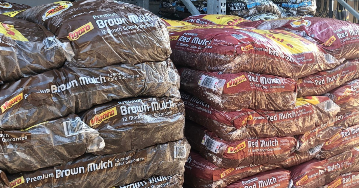 vigoro red and brown mulch bags stacked on pallet