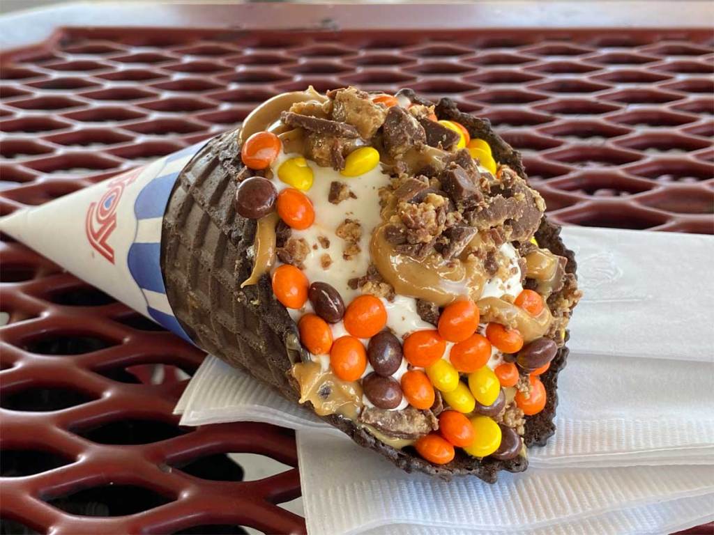 up close picture of a waffle cone with ice cream