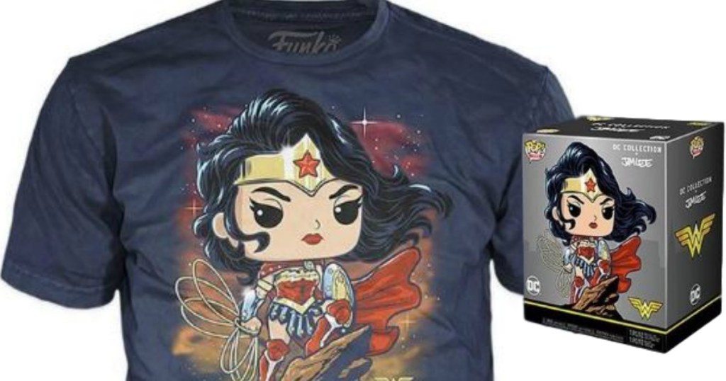 tshirt with wonder woman on it and boxed toy next to it