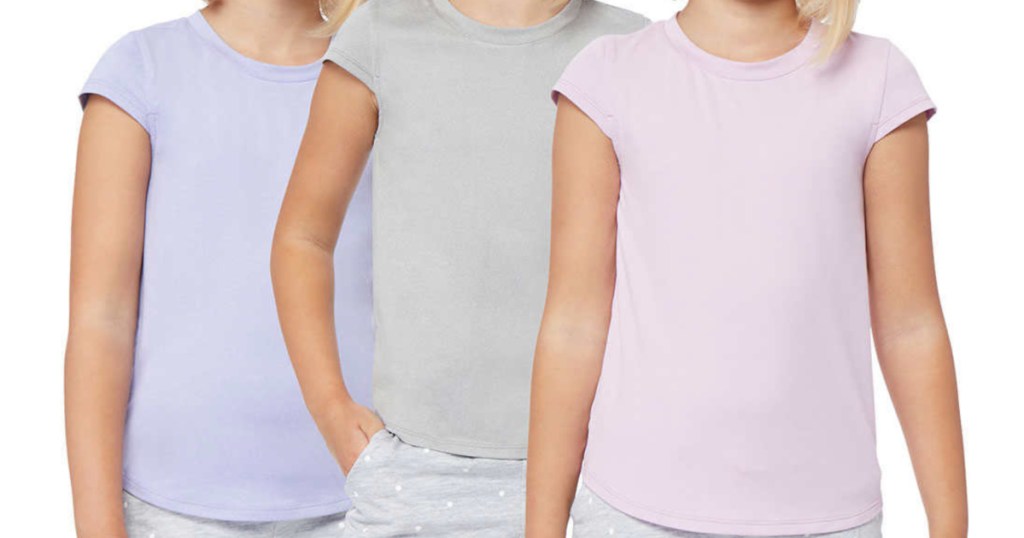 three girls in purple, gray, and pink t-shirt